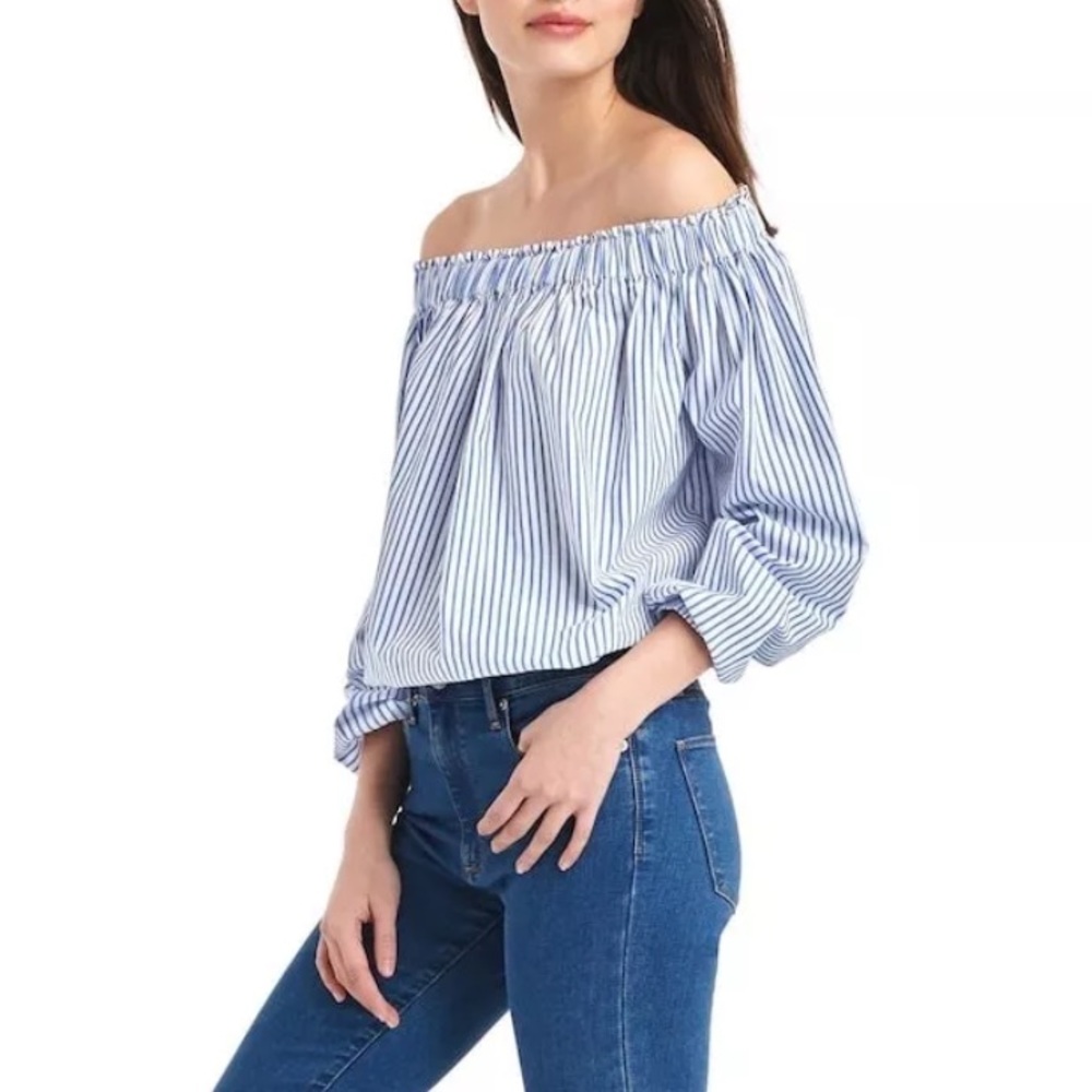 NEW gap striped top off-shoulder blue white shirt ☁️ s